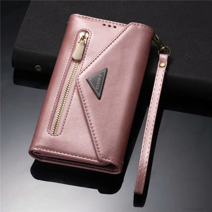 Premium PU Leather Wallet Case for iPhone & Samsung - Multi-Card Holder with Zipper Closure