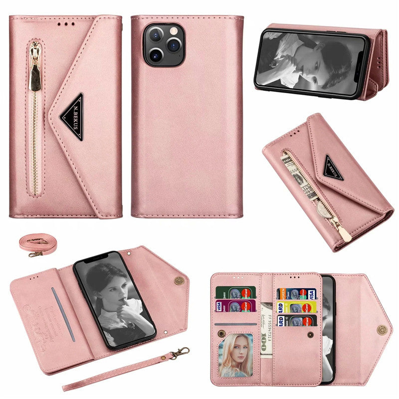 Premium PU Leather Wallet Case for iPhone & Samsung - Multi-Card Holder with Zipper Closure