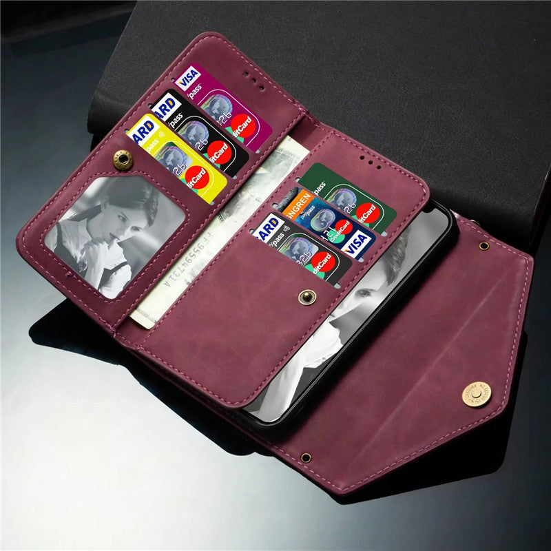 Premium PU Leather Wallet Case for iPhone & Samsung - Multi-Card Holder with Zipper Closure