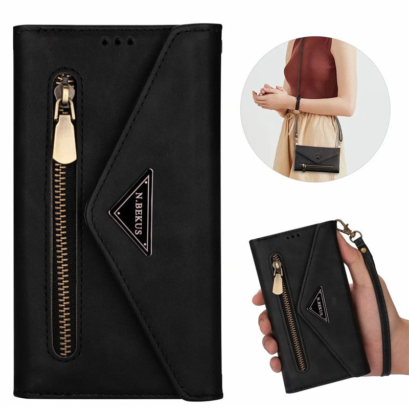 Premium PU Leather Wallet Case for iPhone & Samsung - Multi-Card Holder with Zipper Closure