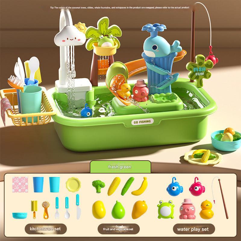 multiple kids playing with interactive kitchen set