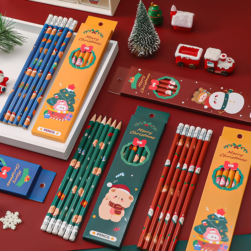 Christmas-themed children's pencil set with eraser on cozy decorative background