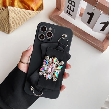 Stylish TPU iPhone Case with Crystal Design - Compatible with iPhone 7/8/X/11/12/13/14 - Elegant Wrist Strap Feature