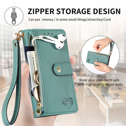 Stylish iPhone 16 Pro Max Heart-Shaped PU Leather Case with RFID Protection & Adjustable Strap