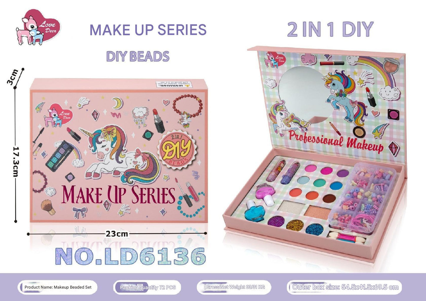 Close-up of unicorn themed makeup kit for children