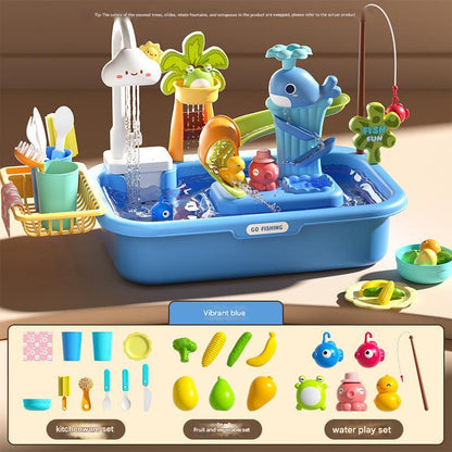 child using fishing rod in toy kitchen set