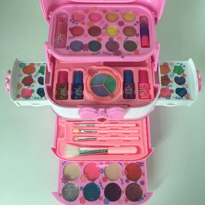 open makeup kit case with various children's cosmetics