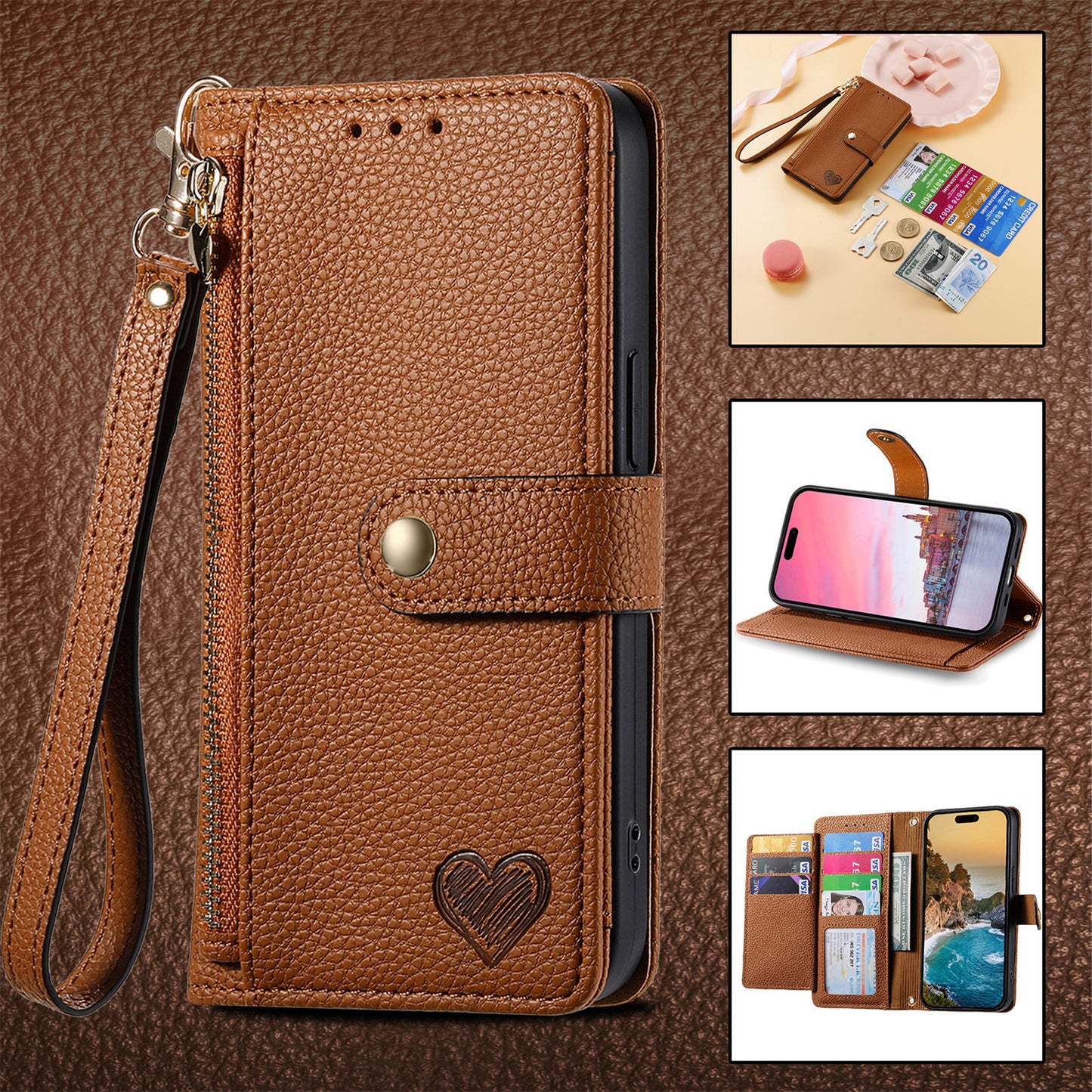 Stylish iPhone 16 Pro Max Heart-Shaped PU Leather Case with RFID Protection & Adjustable Strap