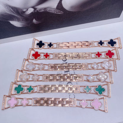 Stylish Four-Leaf Clover Rhinestone Metal Band for Apple Watch Series 1-9 - Versatile Adjustable Sizes