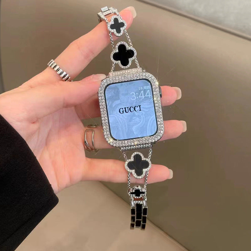 Stylish Four-Leaf Clover Rhinestone Metal Band for Apple Watch Series 1-9 - Versatile Adjustable Sizes