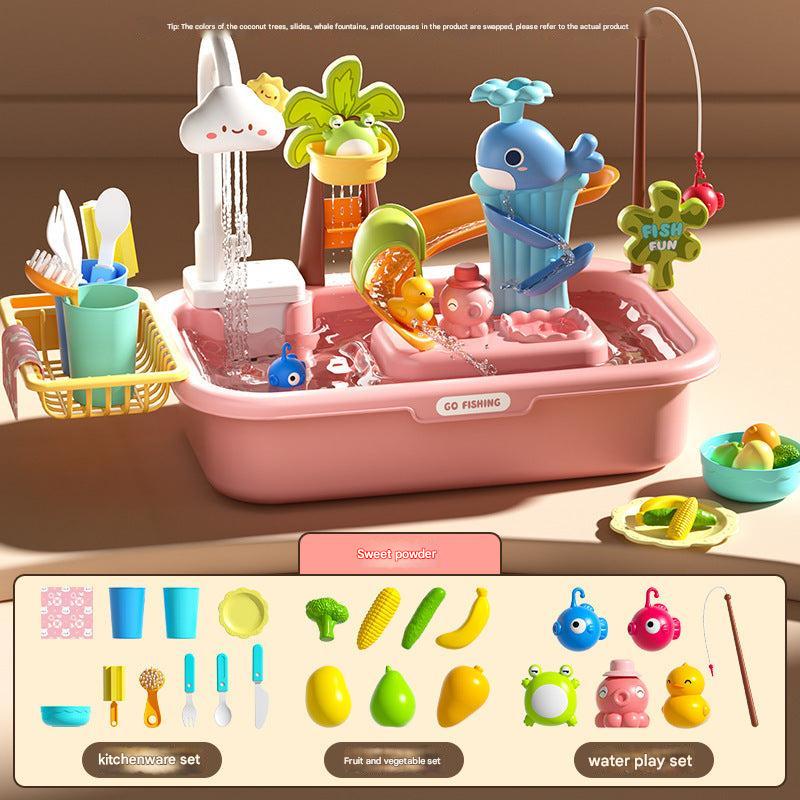 array of play kitchen items in sink set for kids