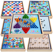 7-in-1 Large Wooden Set: Checkers, Flying Chess, Gomoku, Chess, Battle, Snakes & Ladders, Capture