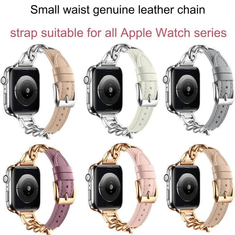 Stylish Leather Chain Link Band for Apple Watch Series 9, 8, 7, SE - Premium Denim Style - Compatible with Various Sizes