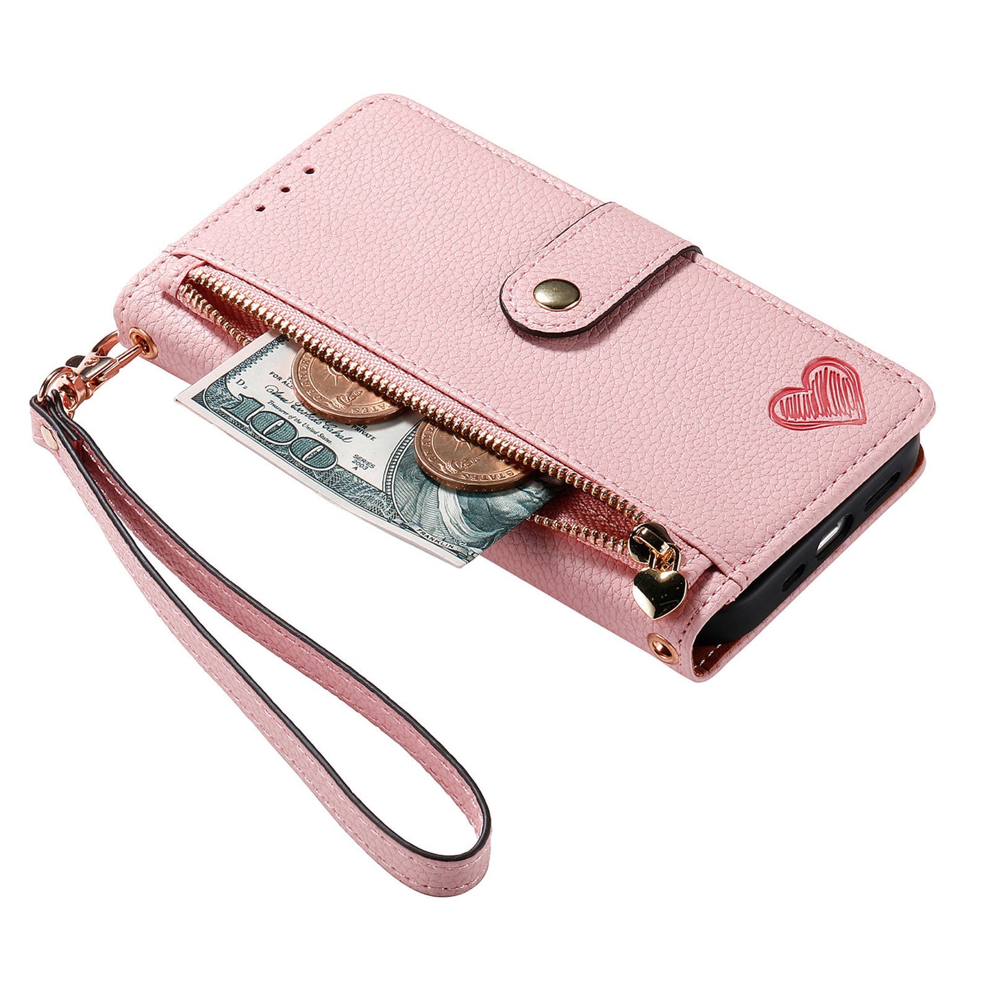 Stylish iPhone 16 Pro Max Heart-Shaped PU Leather Case with RFID Protection & Adjustable Strap