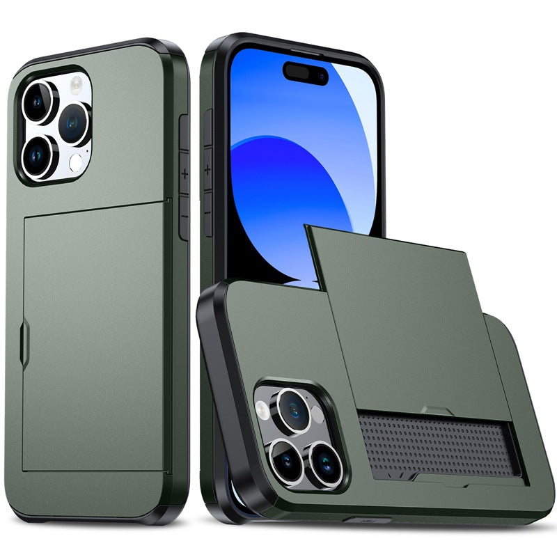 Versatile Shockproof Sliding Card Case for iPhone & Samsung - Durable PC+TPU with Multiple Colors