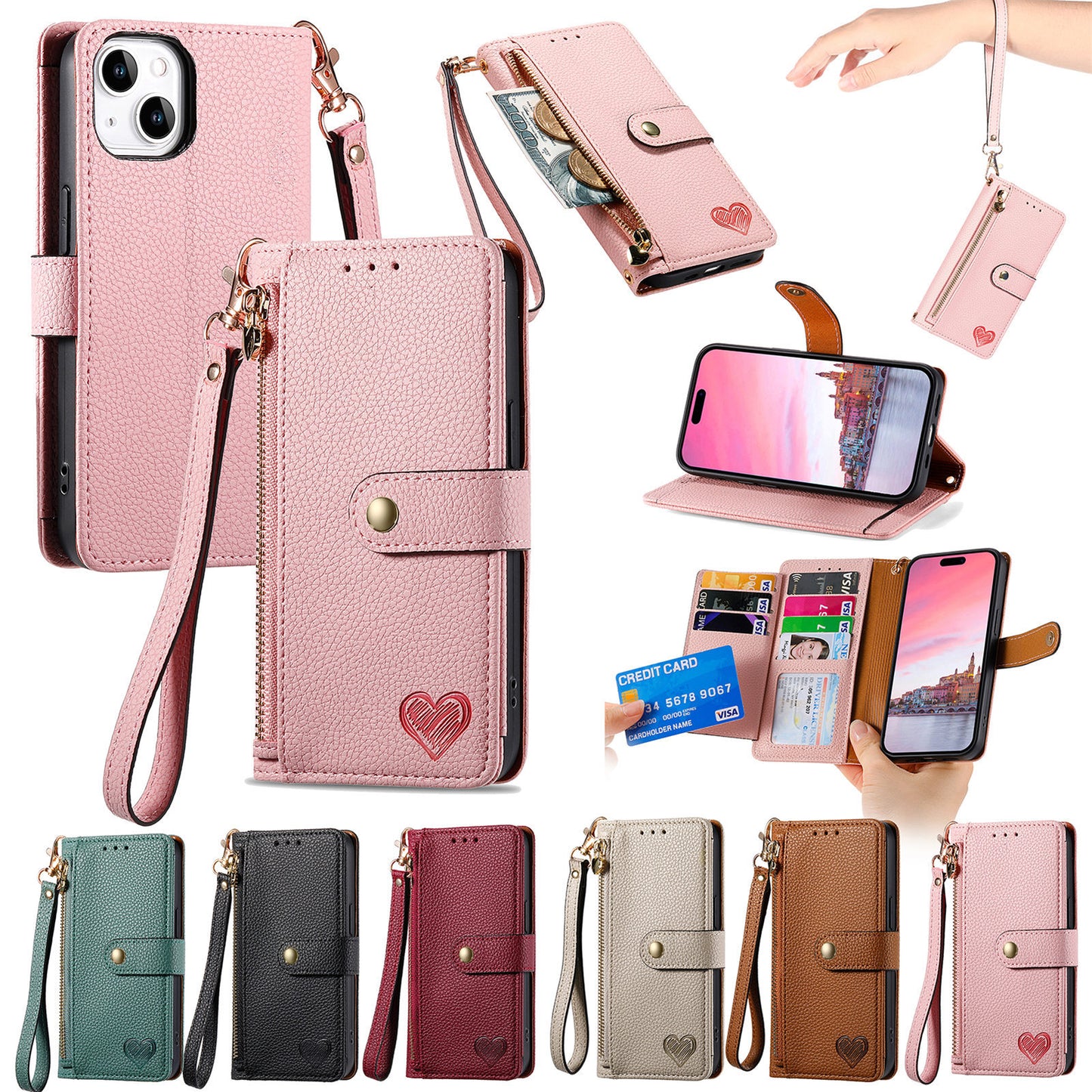 Stylish iPhone 16 Pro Max Heart-Shaped PU Leather Case with RFID Protection & Adjustable Strap