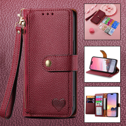 Stylish iPhone 16 Pro Max Heart-Shaped PU Leather Case with RFID Protection & Adjustable Strap