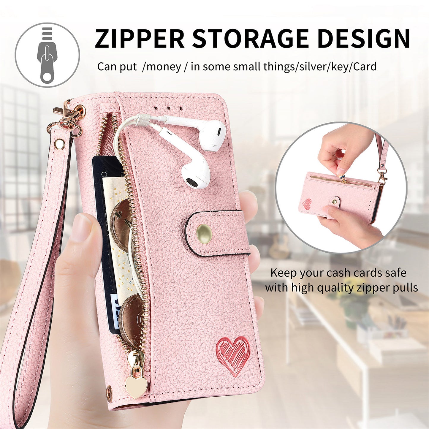 Stylish iPhone 16 Pro Max Heart-Shaped PU Leather Case with RFID Protection & Adjustable Strap