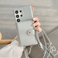 Litchi pattern left and right card holder crossbody gray-blue