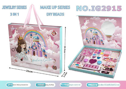 Detailed view of unicorn cosmetic playset components