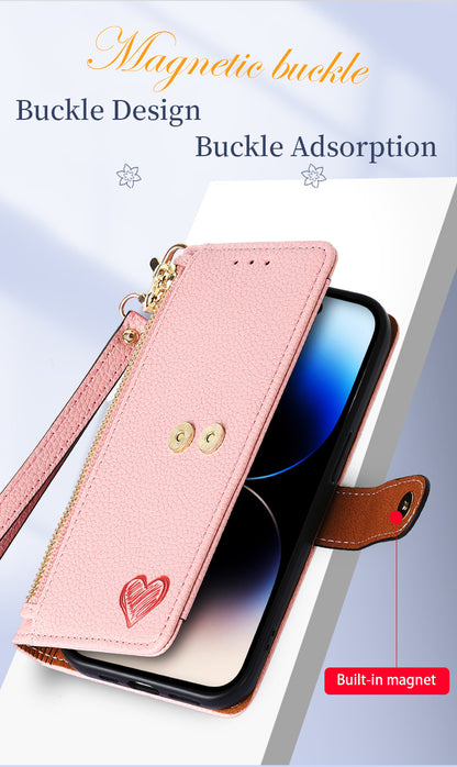 Stylish iPhone 16 Pro Max Heart-Shaped PU Leather Case with RFID Protection & Adjustable Strap