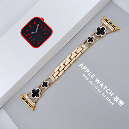 Stylish Four-Leaf Clover Rhinestone Metal Band for Apple Watch Series 1-9 - Versatile Adjustable Sizes