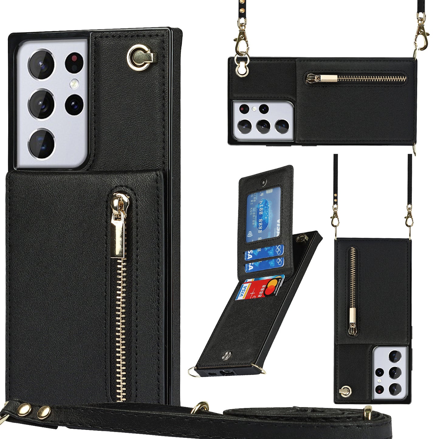 Premium Wallet Case for Samsung Galaxy S24 & S23 Ultra with Zipper, Flexible TPU & Leather, Crossbody Design, Black