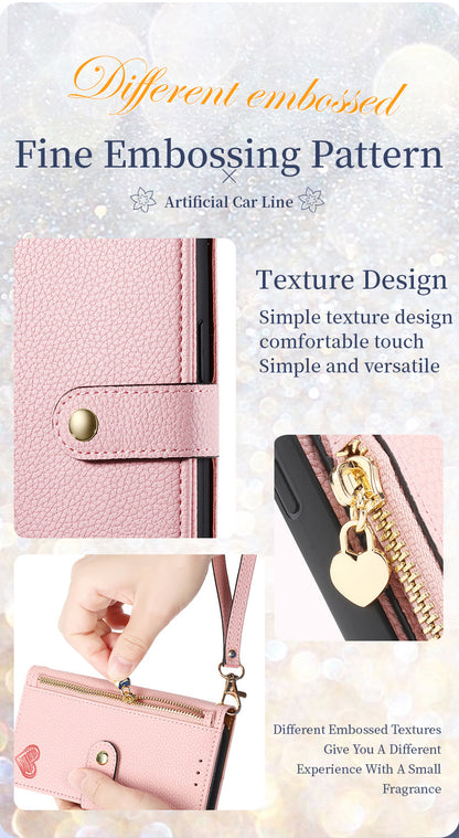 Stylish iPhone 16 Pro Max Heart-Shaped PU Leather Case with RFID Protection & Adjustable Strap