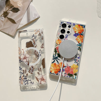 Floral Magnetic Samsung Galaxy S24/S23/S22 Clear TPU Case - Dual-Layer Printed Design