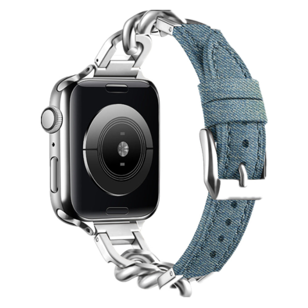 Stylish Leather Chain Link Band for Apple Watch Series 9, 8, 7, SE - Premium Denim Style - Compatible with Various Sizes