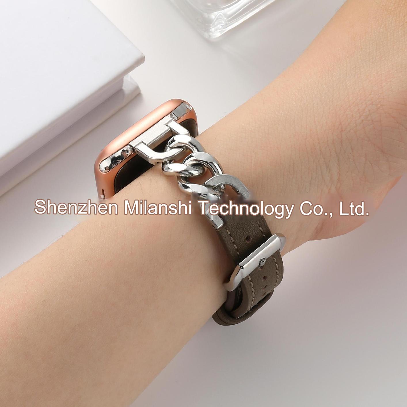 Stylish Leather Chain Link Band for Apple Watch Series 9, 8, 7, SE - Premium Denim Style - Compatible with Various Sizes