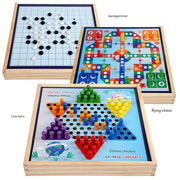 Large Wooden Set: Three-in-One Checkers, Gomoku, and Flying Chess