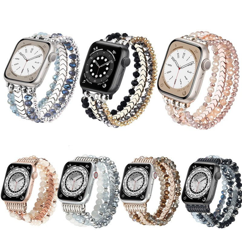 Elegant Crystal Beaded Apple Watch Band – Fashionable Stainless Steel Strap for 38mm/40mm/41mm and 42mm/44mm/45mm Models