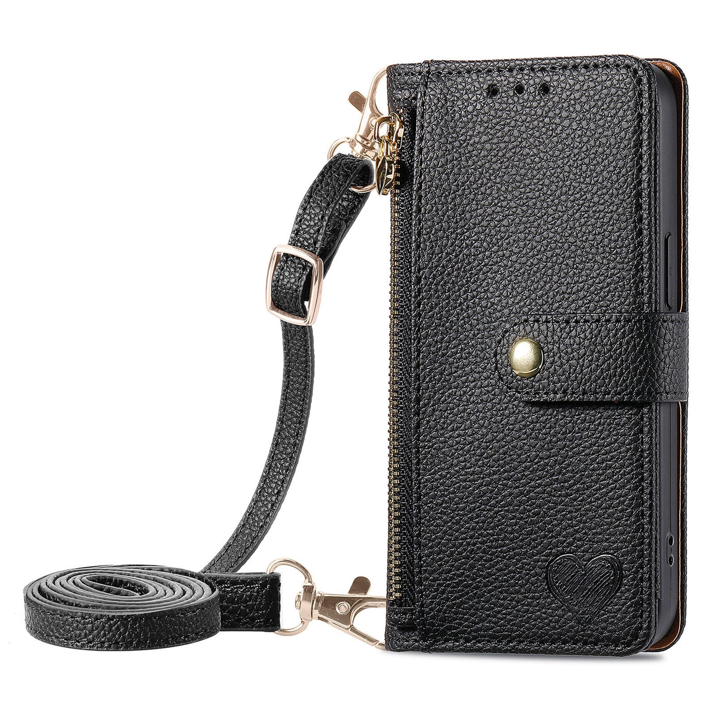 Stylish iPhone 16 Pro Max Heart-Shaped PU Leather Case with RFID Protection & Adjustable Strap