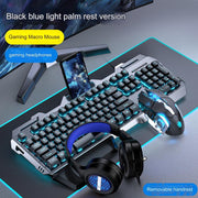 Silver Black Ice Blue Light) [3-piece set - hand rest version] + macro mouse + gaming headset (Pack of 5)