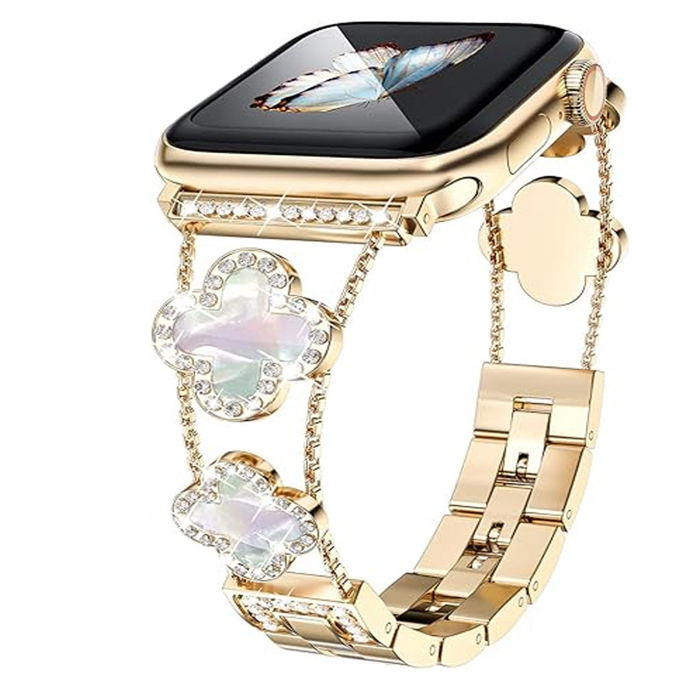 Stylish Four-Leaf Clover Rhinestone Metal Band for Apple Watch Series 1-9 - Versatile Adjustable Sizes