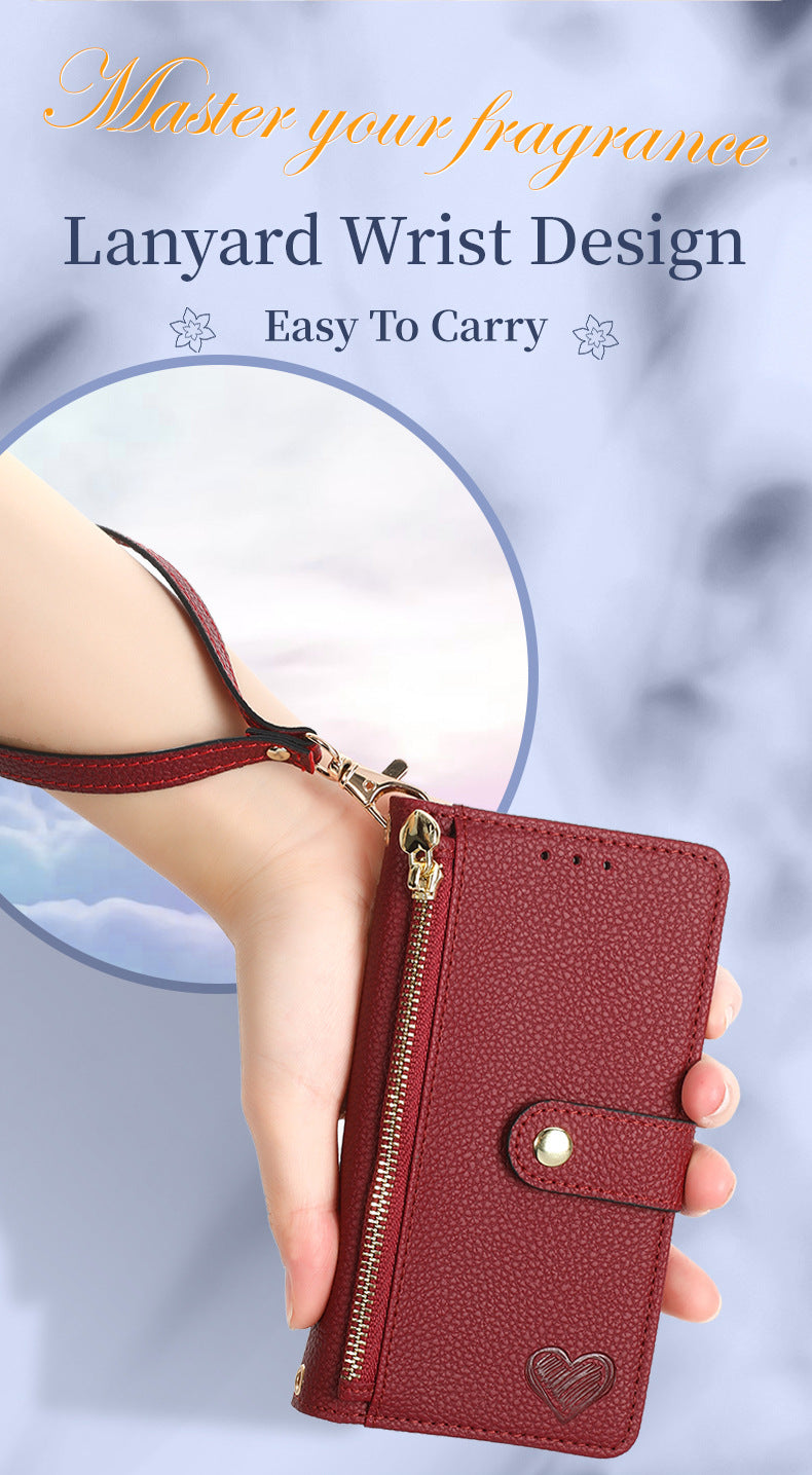 Stylish iPhone 16 Pro Max Heart-Shaped PU Leather Case with RFID Protection & Adjustable Strap