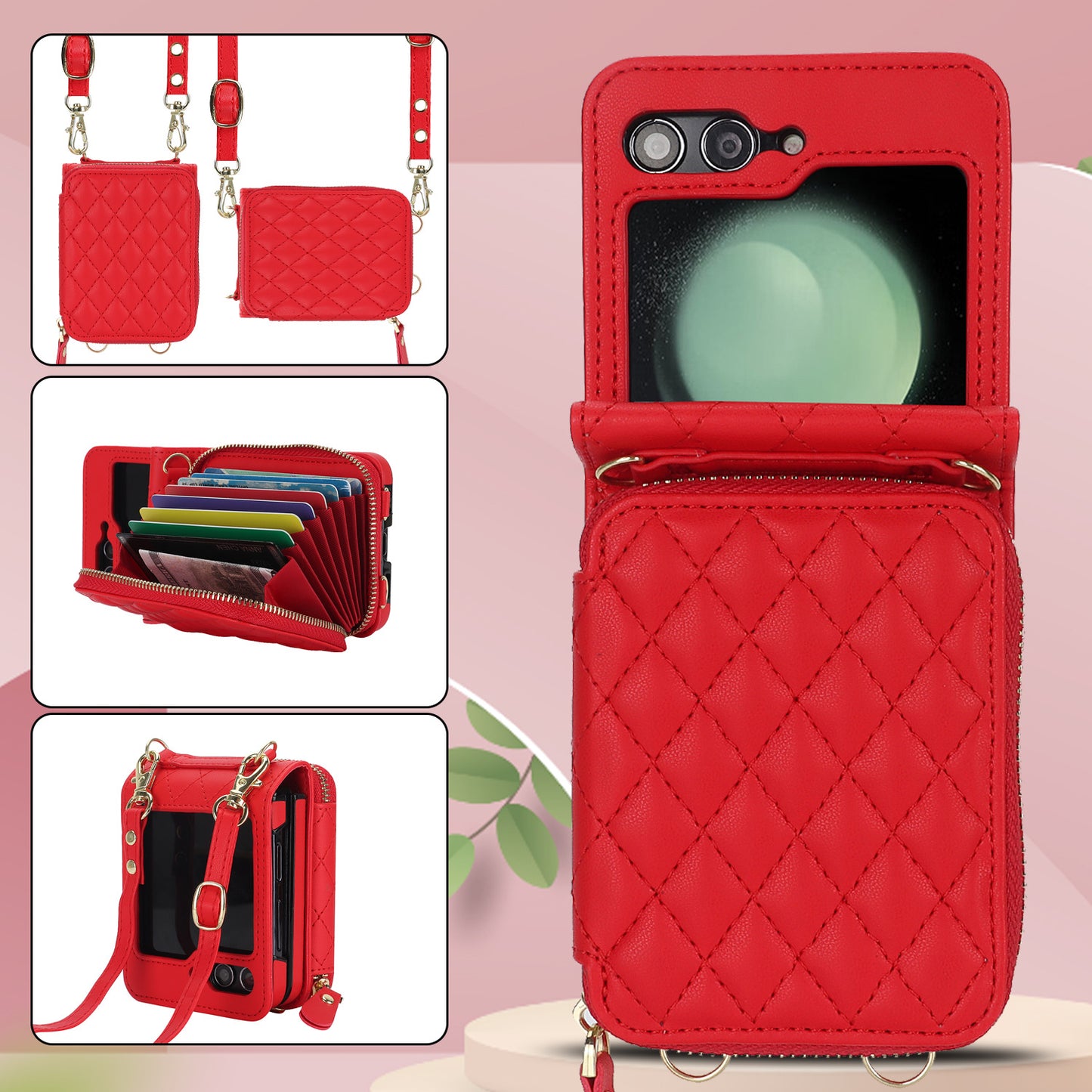 Stylish Samsung Z Flip 5 and Z Flip 6 Crossbody Phone Case with Card Holder - Durable PU+TPU Protection