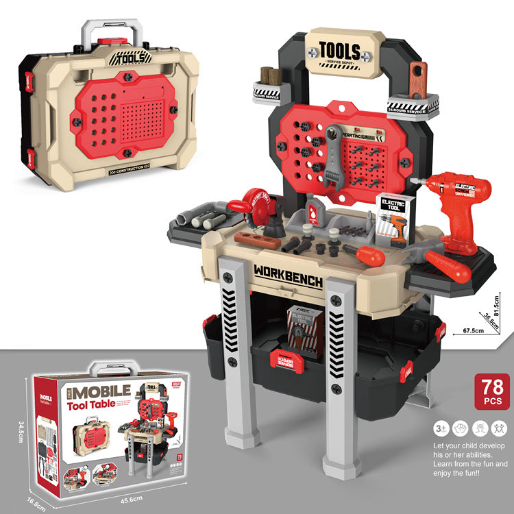 child examining parts of toy tool set