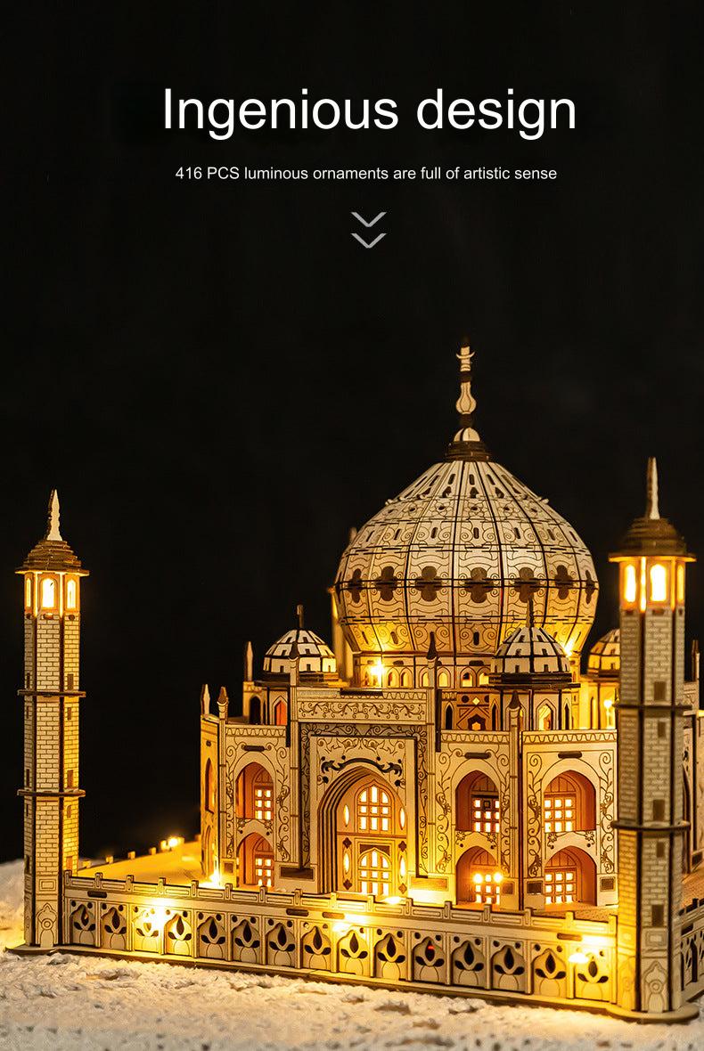 Taj Mahal Wooden Model Kit with LED Lighting - DIY 3D Puzzle for Kids Ages 7-14 | Unique Decorative Collectible