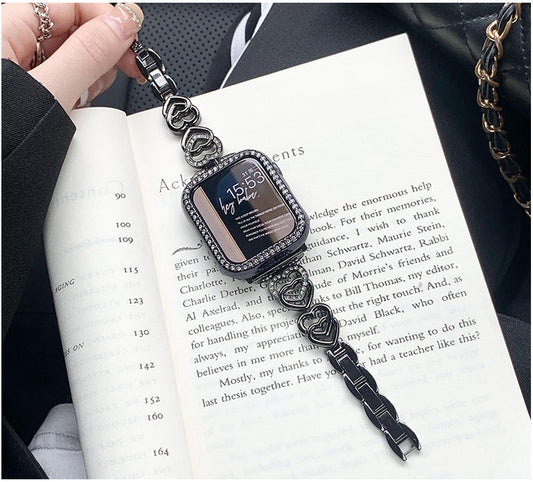 Stylish Heart-Shaped Metal Rhinestone Watch Band for Apple Watch Series 6/7/8/SE – Adjustable & Elegant